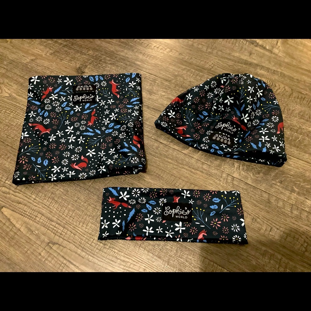 Skida Sophie’s world ski hat, headband and neck warmer.